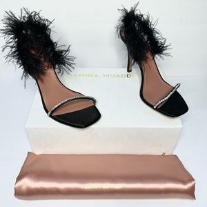 Amina Muaddi Adwoa Feather Embellished Satin Pumps Sandal EU 40 US 10 Heels